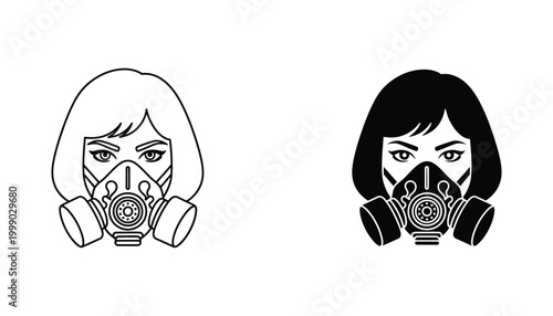 Woman wearing protective gas mask icon for safety and pollution awareness concepts