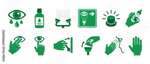 Emergency Eye Wash Station Safety Icons Set for Workplace Industrial Hazard Protocol and First Aid Procedures for Chemical Exposure Prevention, Flat Green Vector Pictogram Collection for Safety Signag