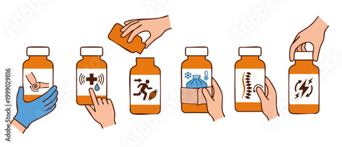 Medical Pill Bottles with Pain Relief Icons, Hands Holding Medicine Containers for Health Treatment, Chiropractic Care and Sports Injury Recovery Infographic Design Elements for Professional Therapy