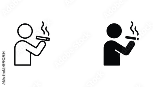 Smoking person icon set depicting individual with cigarette for health awareness and public signage in outline and solid black vector style for safety warnings and environmental design projects