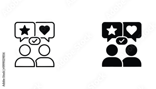 Customer feedback and interaction icon set featuring speech bubbles with stars and hearts for rating and review systems in outline and solid black vector style for web and mobile applications