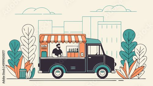 Street food truck vendor serving customers in city small business authentic entrepreneurship concept