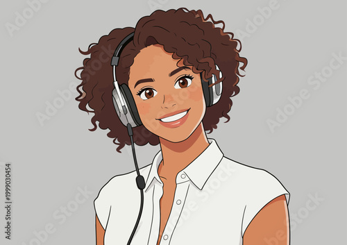 Smiling young mixed race woman wearing headset and white shirt
