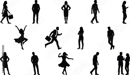 People silhouettes collection with walking standing running and dancing characters isolated on white background for lifestyle design