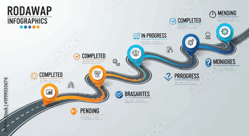 Infographic template with a winding road and status icons for workflow stages
