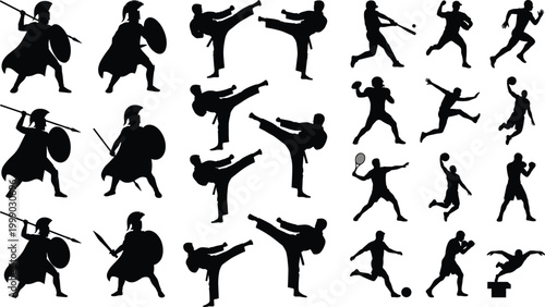 Sports athletes martial arts fighters and ancient warriors silhouettes set isolated on white background for action design