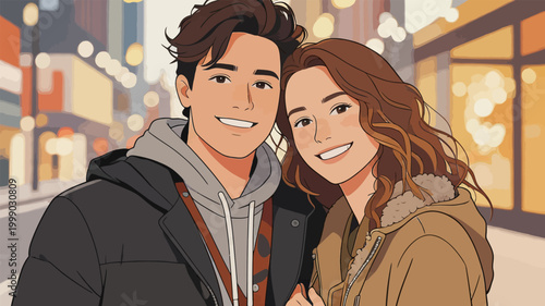 Sweet Young Couple Enjoying Night City Street Date