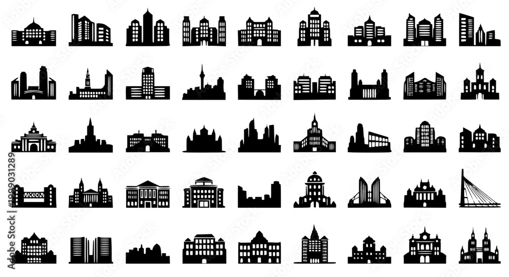 Naklejka premium Collection of Architectural Building Silhouettes and City Landmark Icons