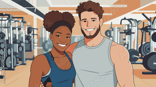 Smiling fitness couple posing together in a gym