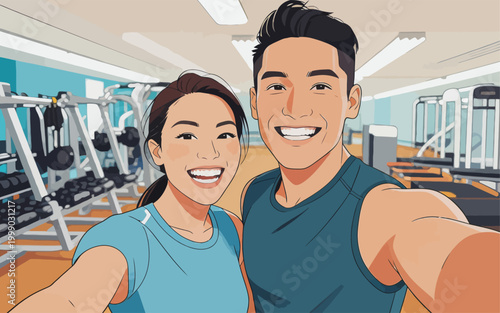 Two cheerful young adults taking a selfie at a modern gym