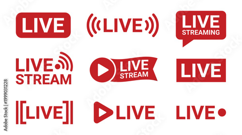 Social media live streaming button collection, modern flat red shapes, broadcast communication, media event, and video access