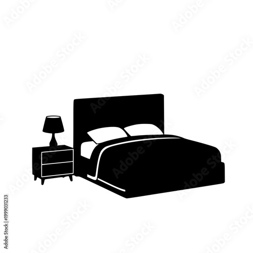 Black silhouette icon of a double bed with nightstand and lamp