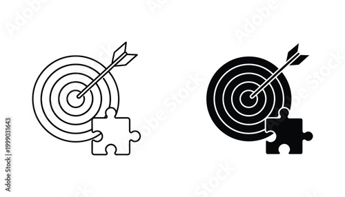 Target with arrow and puzzle piece icon representing problem solving and strategy in vector graphic style