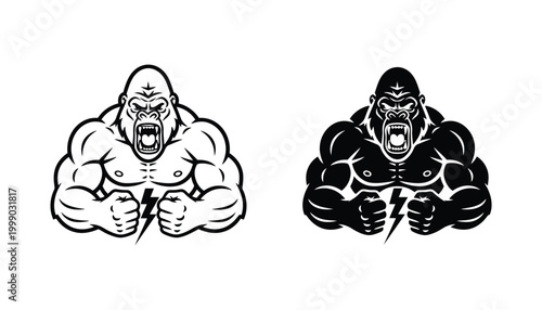 Strong gorilla mascot icon set in minimalist black and white line art and solid silhouette style showing muscular arms and lightning bolt design