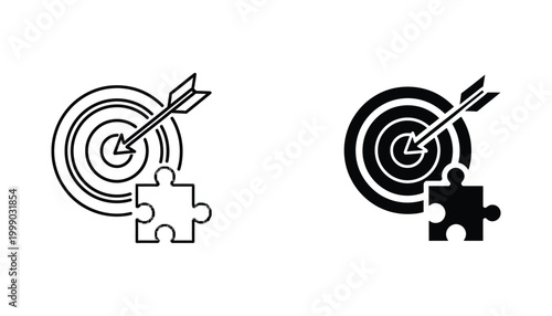 Target with arrow and jigsaw puzzle piece icon set featuring linear and solid black shapes representing strategic problem solving and goal achievement