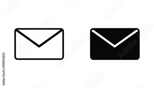 Email envelope icon set displaying message communication symbols in both clean line art and bold solid black styles for contact and mail interfaces