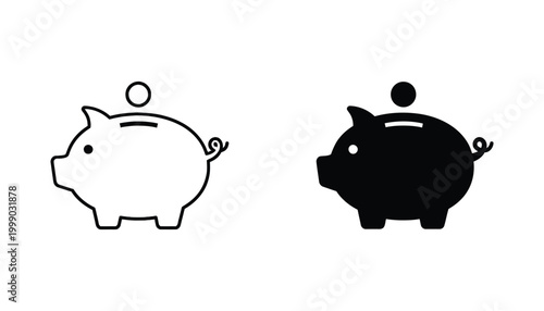 Piggy bank savings icon set featuring financial growth symbols in both clean line art and solid black graphic styles for banking and investment apps