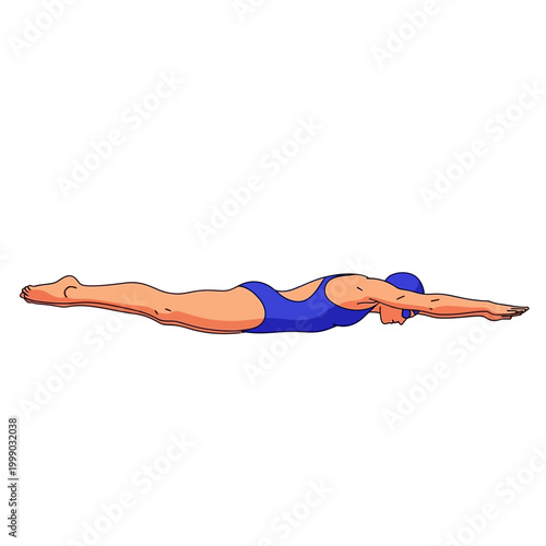 Woman swimming butterfly stroke, athletic woman in blue swimsuit and cap, isolated on white