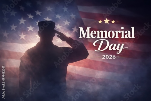 Military veteran saluting on Memorial Day 2026 with American flag backdrop at sunset