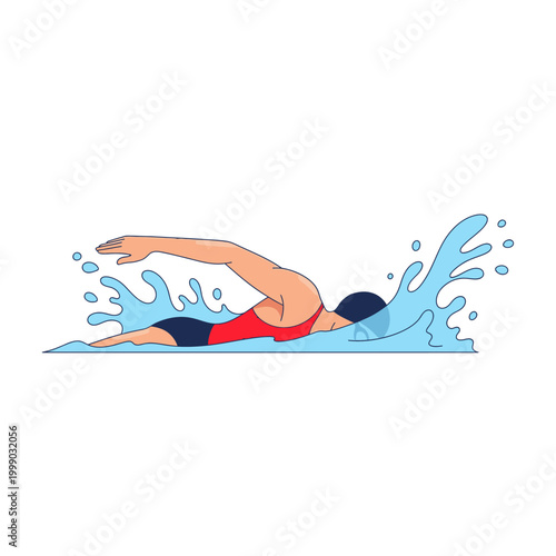 Woman swimming freestyle stroke in blue water with splashes, dynamic action illustration.