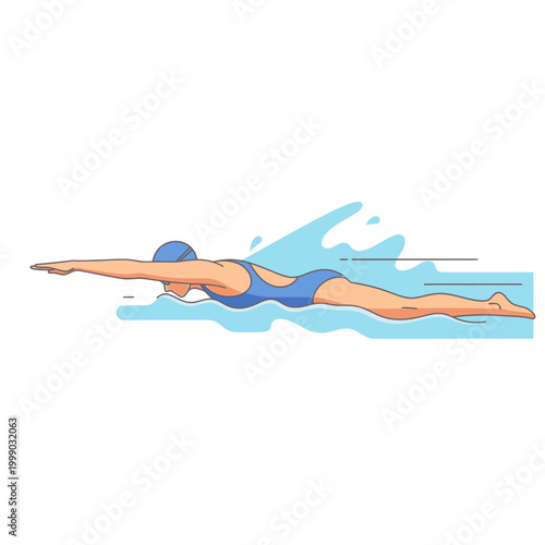 Woman swimming freestyle stroke, athletic woman in blue swimsuit and cap, water splashing