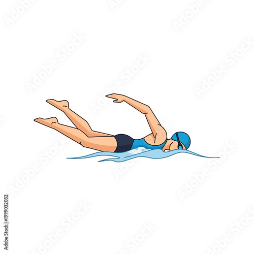 Woman swimming freestyle stroke, athletic woman in blue swimsuit, water sports illustration