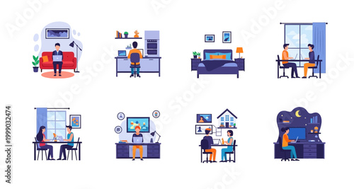 illustration of various home office setups on transparent background