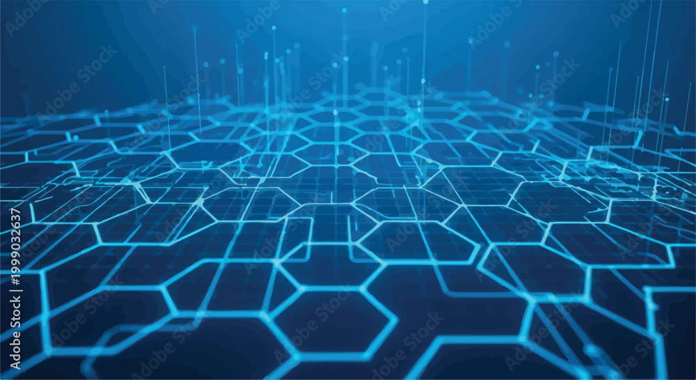Obraz premium Futuristic blue technology background with glowing hexagonal grid, digital network data visualization, abstract cyber security vector illustration
