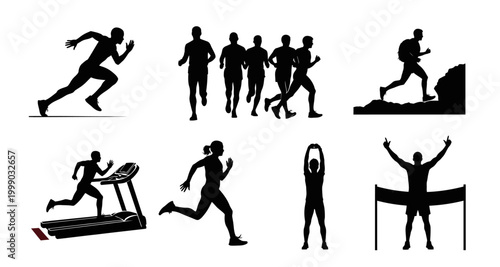 set of running and fitness silhouettes on transparent background