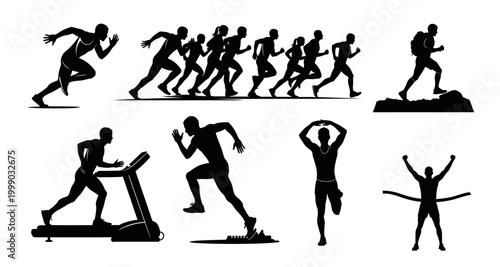 runner silhouettes in various poses on transparent background