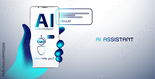 AI assistant concept on smartphone screen with robot icon and hand. Vector digital customer support and smart technology.