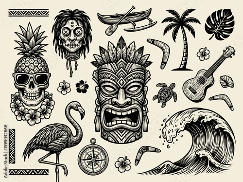 Vintage Tiki Culture and Polynesian Tattoo Flash Set - Hawaiian Tropical Icons, Shrunken Head, Pineapple Skull, and Tribal Illustrations in Woodcut Style