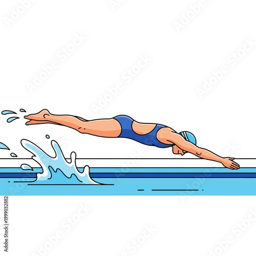 Female swimmer dives into pool, creating splash, blue swimsuit, cap, athletic motion