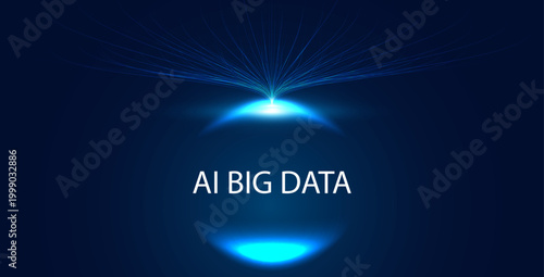 AI Big Data vector concept with glowing blue orb and exploding digital lines. Artificial intelligence and data processing background.