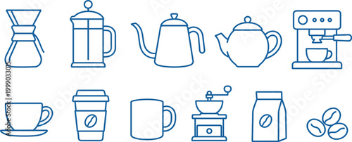 collection of blue line icons representing various coffee and tea brewing tools and accessories.