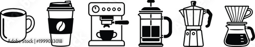Collection of  a coffee mug, a takeaway cup, a modern espresso machine, a French press, a Moka pot, and a pour-over dripper with a carafe.