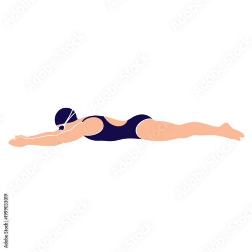 Female swimmer performing butterfly stroke in a dark swimsuit and cap, isolated on white