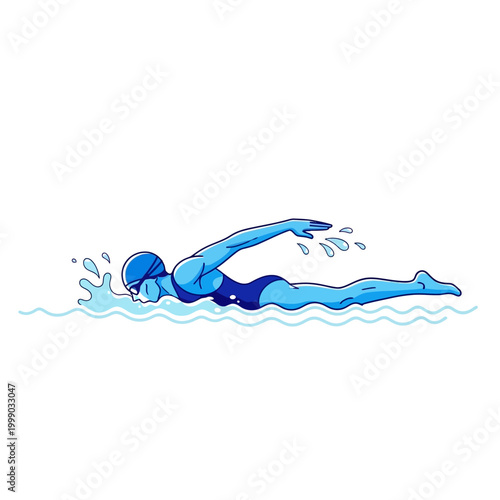 Female swimmer performing freestyle stroke in blue water with splashes