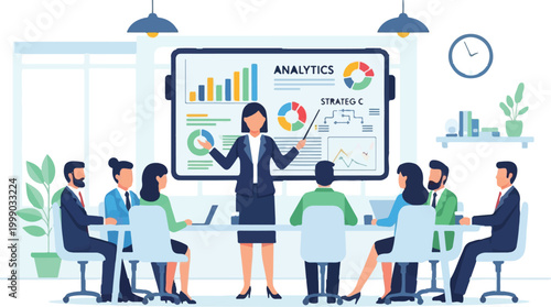 Business analytics presentation with female leader, corporate team meeting in modern office, professional data strategy seminar vector illustration