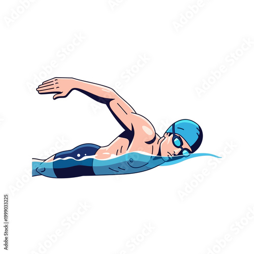 Man swimming freestyle stroke, athletic swimmer in blue cap and goggles, water sport