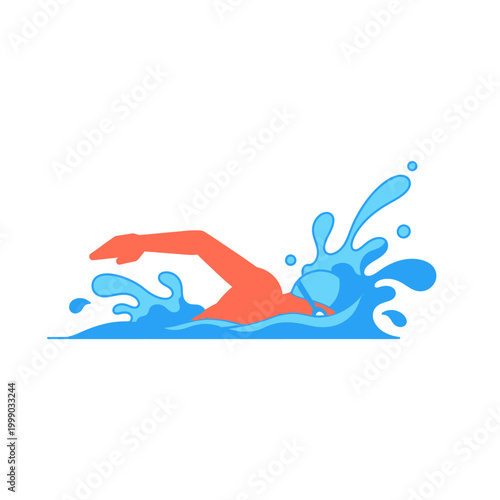 Orange swimmer silhouette in blue water splash, dynamic freestyle swimming