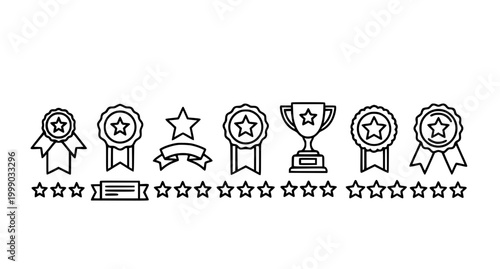 Minimal star rating award and trophy line icons horizontal premium quality vector symbol set