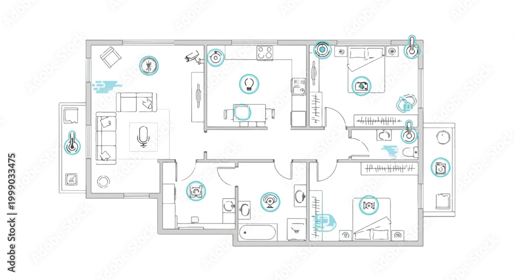Fototapeta premium A detailed floor plan with various rooms and highlighted features
