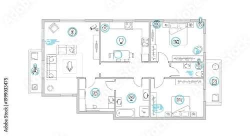 A detailed floor plan with various rooms and highlighted features