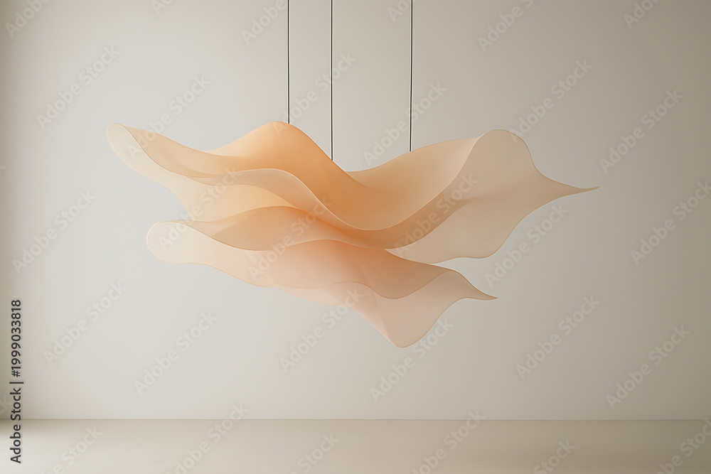 Fototapeta premium Abstract sculptural form hangs from ceiling illuminated in soft light