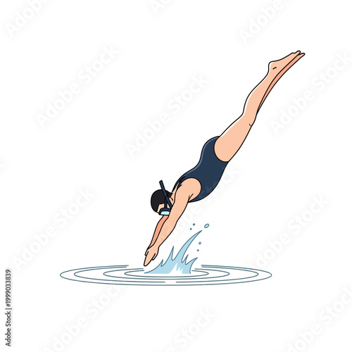Woman diver in swimsuit and mask diving into water, creating splash, isolated on white background.