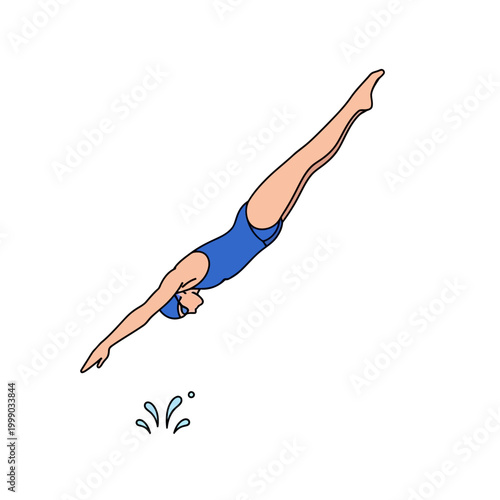 Woman diver in blue swimsuit dives into water with splash