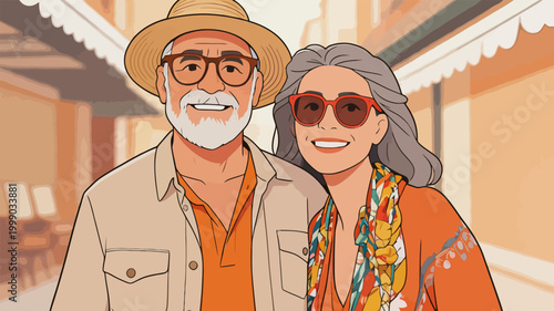 Happy senior couple enjoying their leisure vacation street tour