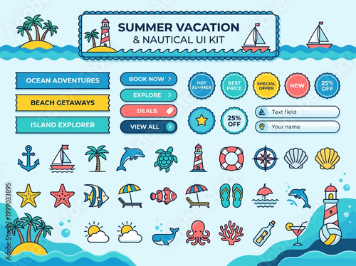 Summer Vacation and Nautical UI Kit with Beach Icons, Travel Web Buttons, and Ocean Badges for Website Interface and App Design