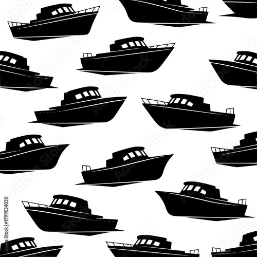 Seamless Pattern of Fishing Boat Silhouettes on White Background